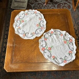 Vintage Round Embroidered Floral Doilies 2 PC Scalloped Edge Coral Flower 12"